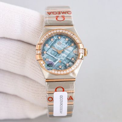 Omega 5th Constellation 28mm Quartz Movement Diamond Bezel Blue Dial Women Watch